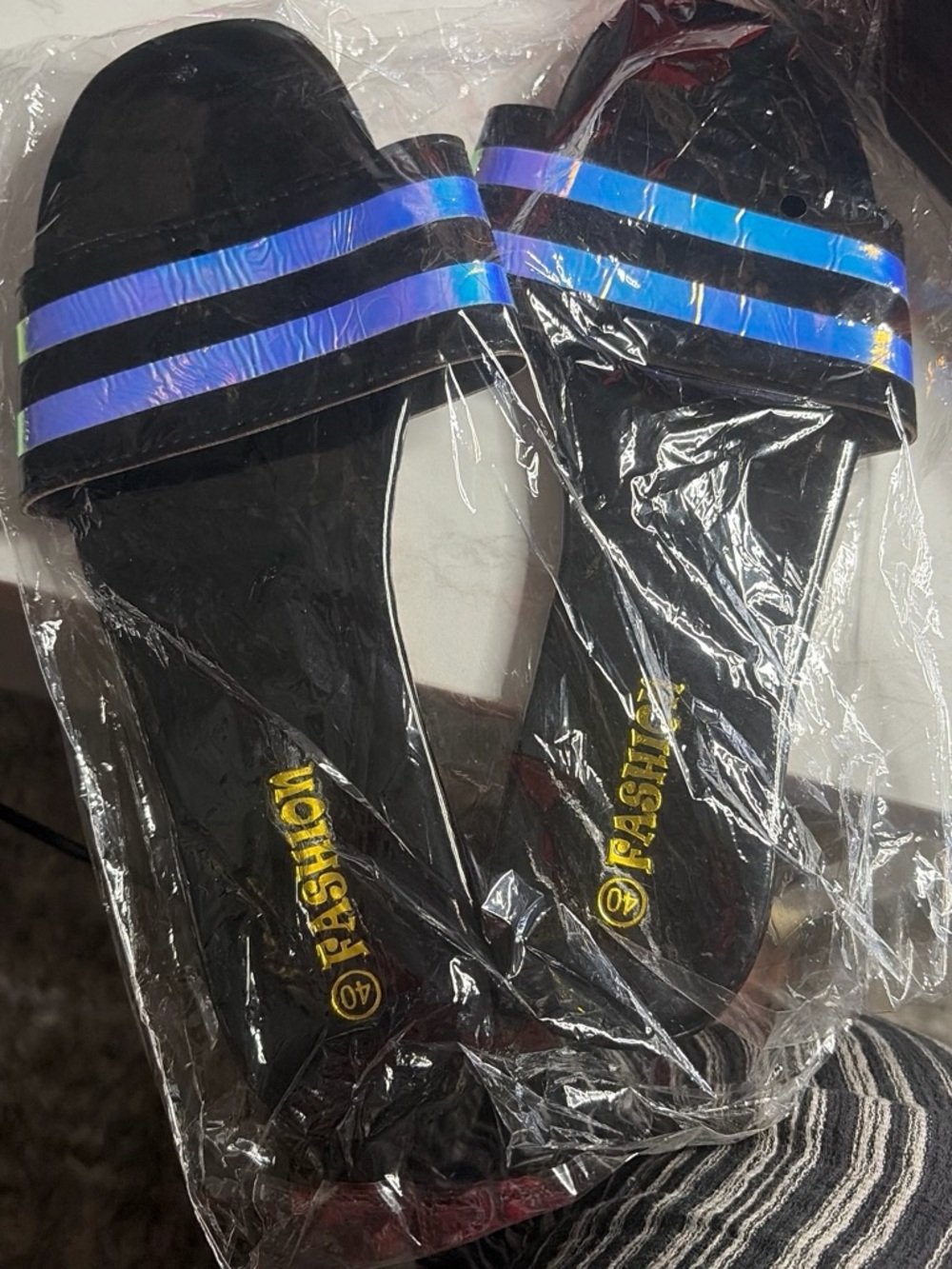 Black Slide Sandals with Iridescent Blue Straps